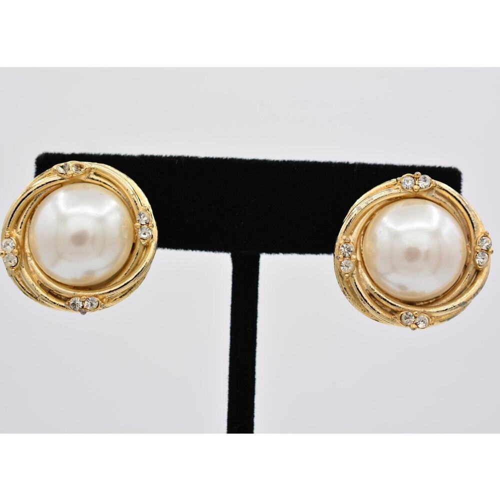 Donald Stannard Vintage Clip On Earrings Faux Pearl Gold Tone Signed 1980s 9E